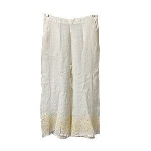 Cynthia Rowley white 100% linen wide leg embroidered hem summer pants size XL